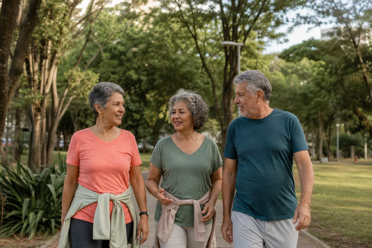 Três pessoas maduras caminhando e conversando em um parque de São Paulo