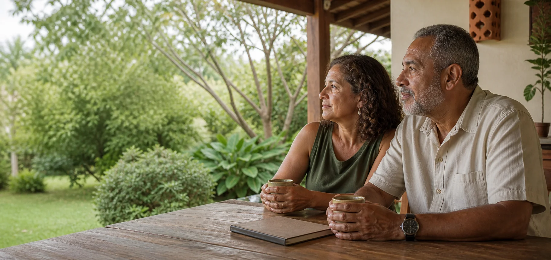 Casal brasileiro maduro em uma varanda com vista para o jardim