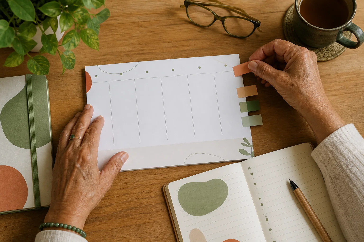Mãos maduras organizando uma agenda semanal
