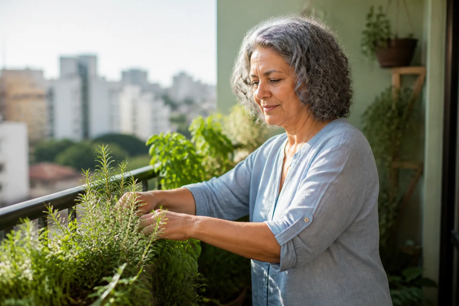 Mulher madura cuidando de ervas na varanda